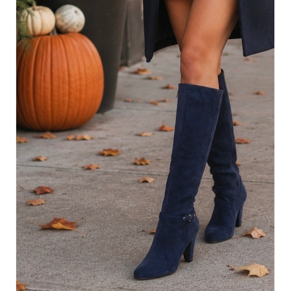 Bella Vita Tall Boots Navy Blue Faux Suede Kitten Heel Dress Boots 8.5